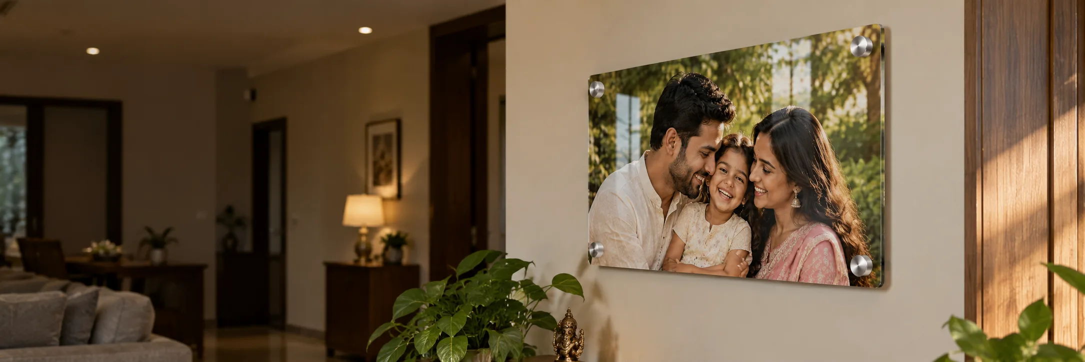 A personalised acrylic photo frame displaying a family photo in a warm, premium home setting.